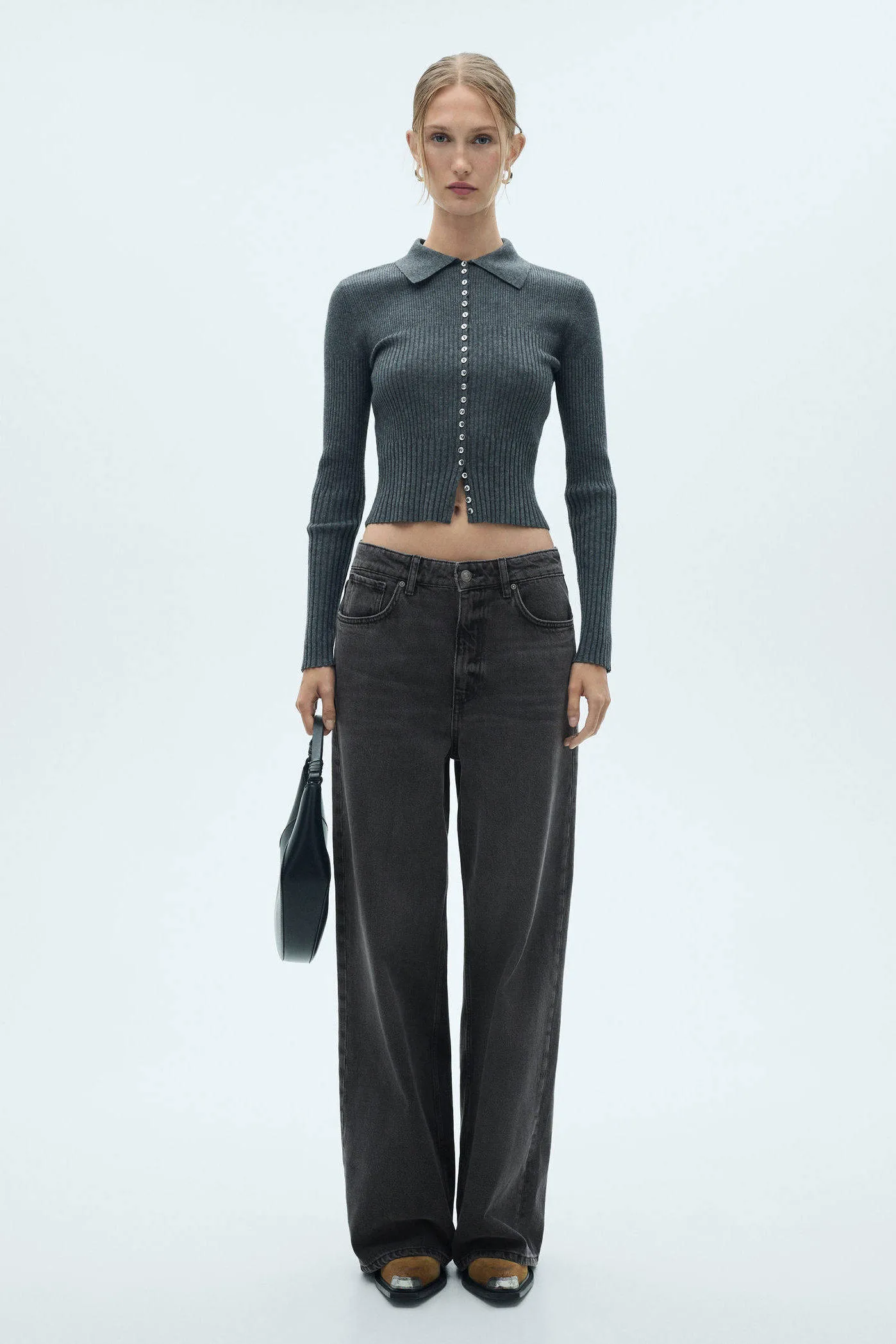 Mango wide leg regular waist broek antraciet  